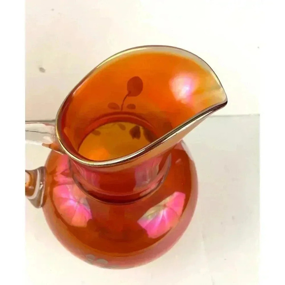 VTG Carnival Glass Orange Iridescent Pitcher Glass Blown Hand Painted 10" Floral - Picture 12 of 16